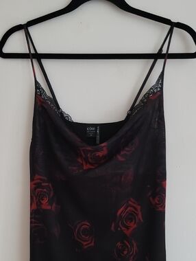 90s style Black Mesh Midi Slip Dress with Red Roses